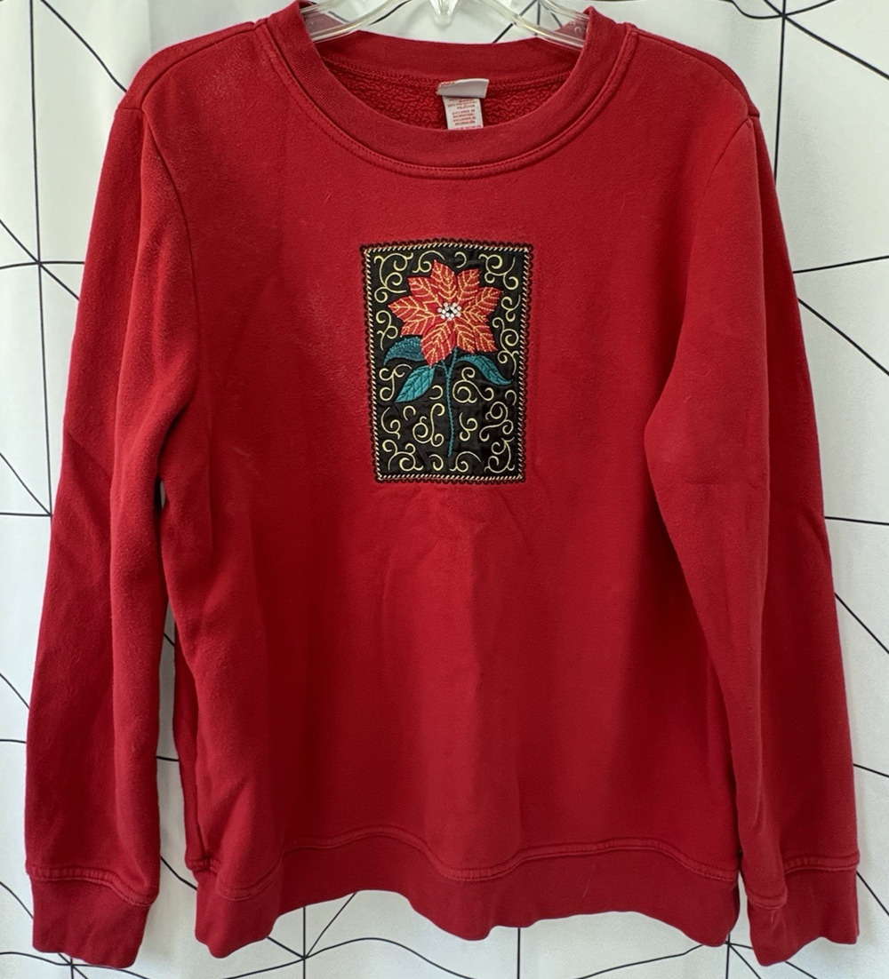 Womens L Holiday Editions Poinsettia Christmas Frame Studded Sweatshirt Red